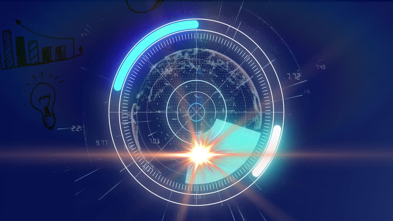 어두운 파란색 배경에 지구 위를 회전하는 레이더 그래프의 애니메이션