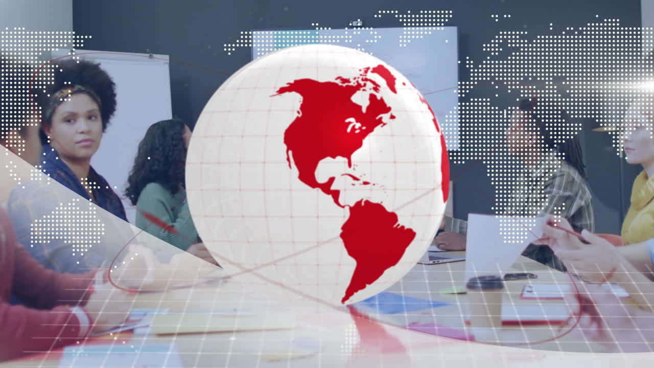 Globe and digital map animation over diverse people in business meeting