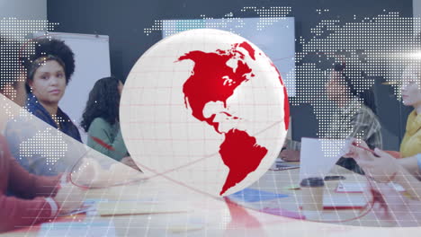 globe and digital map animation over diverse people in business meeting