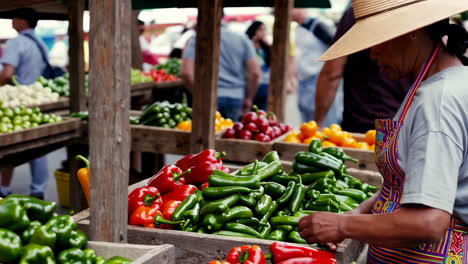 woman shopping for peppers at a farmer's market