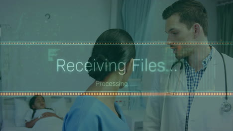 male doctor and nurse monitoring patient vitals in medical ward, displaying animated graphs