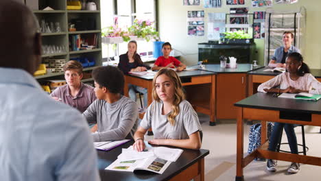 male high school tutor teaching students in biology class