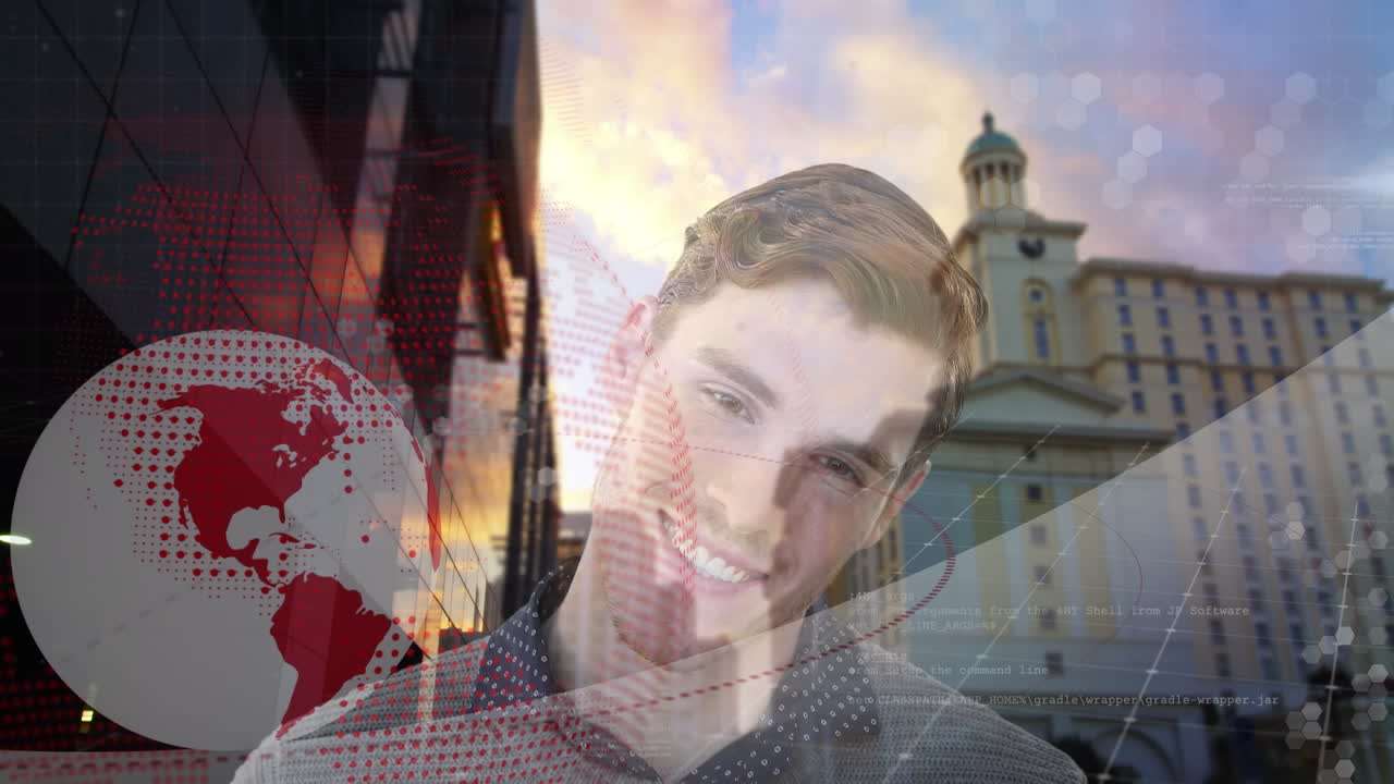 анимация глобуса над кавказским человеком и городским пейзажем