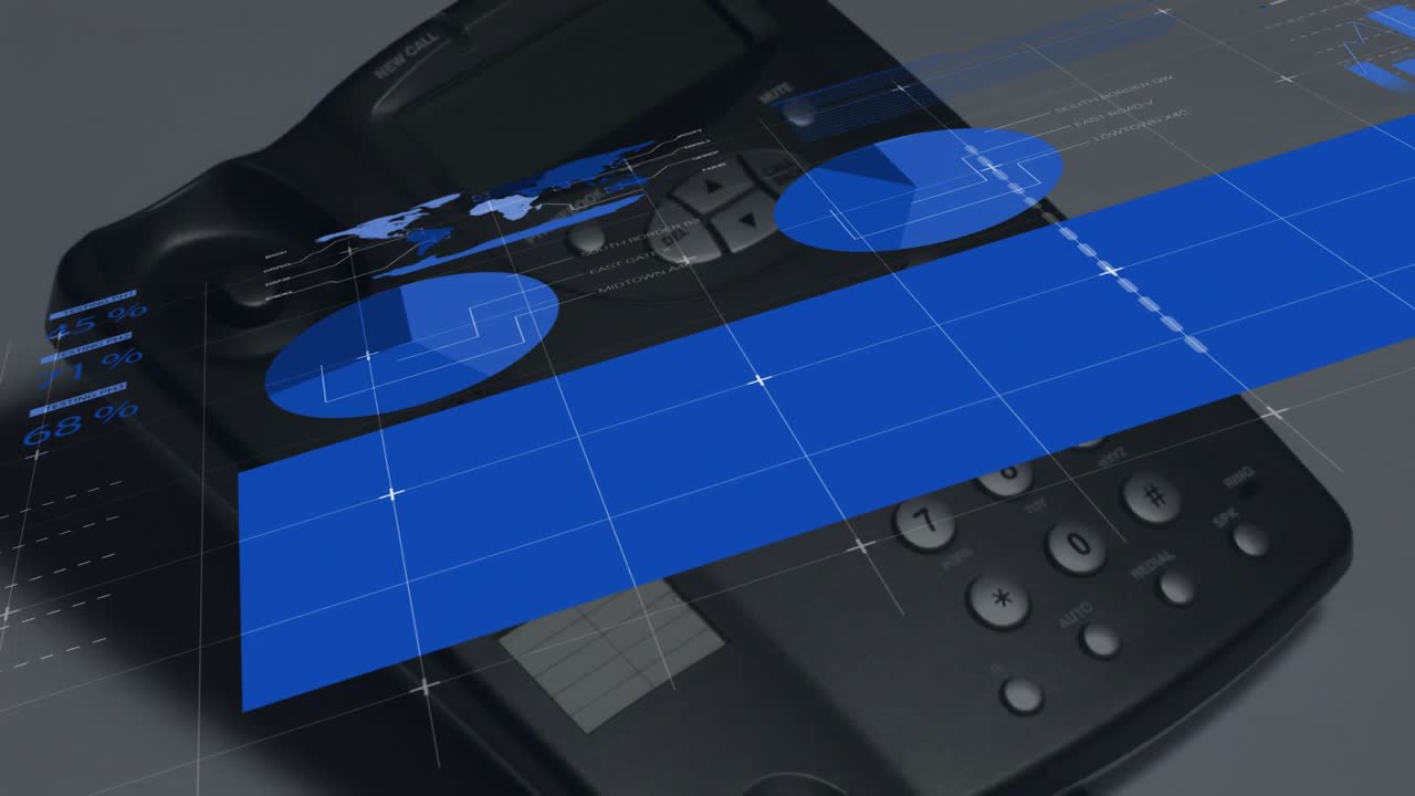 Blue overlays appearing above phone, hand lifting handset and dialing numbers for visualizing data