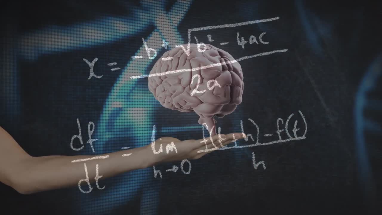 animación de cerebro giratorio, adn y fórmulas matemáticas en fondo negro con mano de mujer