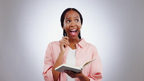 Happy woman, notebook and thinking of ideas