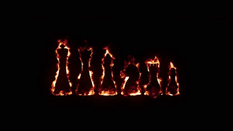 king, queen, rooks, bishops, knights, pawn, chess pieces with fire and burning effects on black background