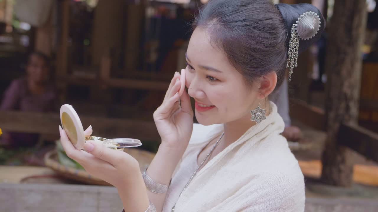 Thai Girl In Traditional Dress Makeup And Smiling, Slow Motion