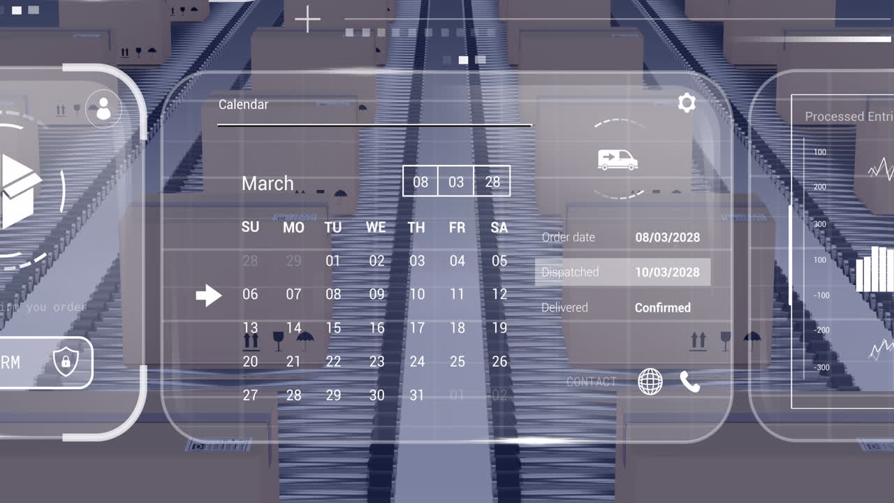 Animation of data processing on screens over cardboard boxes on conveyor belts