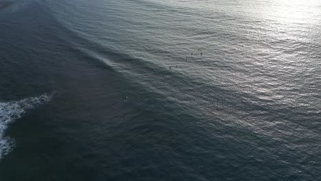 Sun-reflection-on-ocean-water-surface-with-group-of-surfing-people