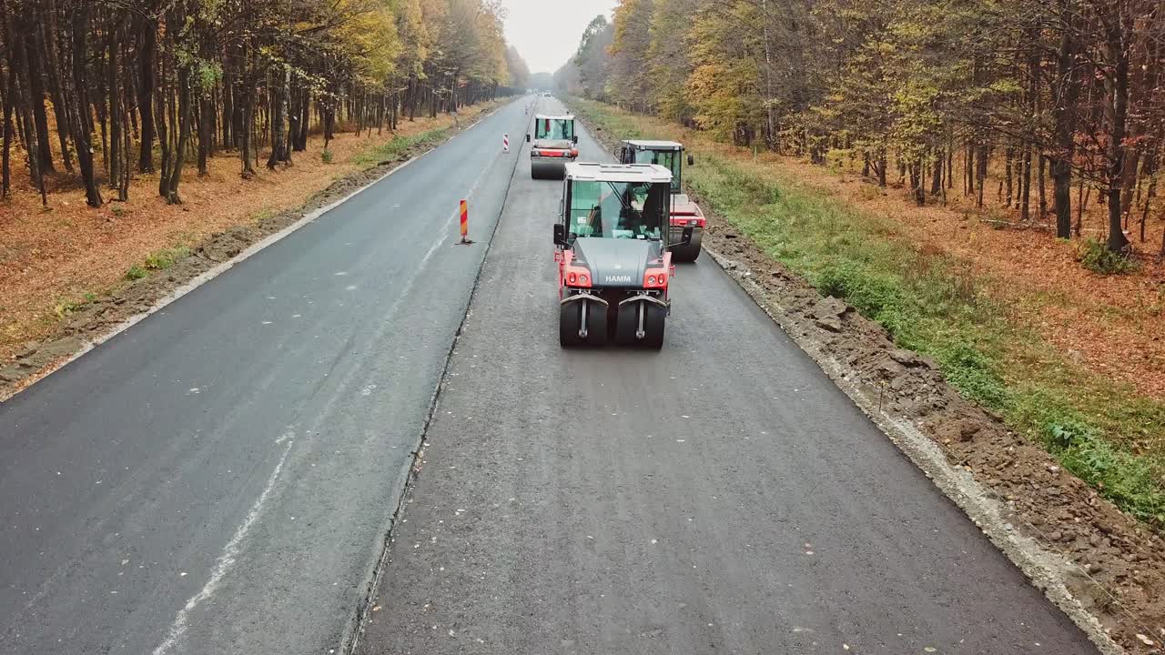 Aerial view construction road place. Construction of a new road in the forest area
