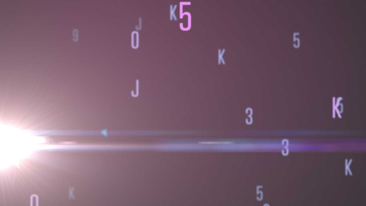 Digital animation of random alphabets and numbers moving and changing against purple background