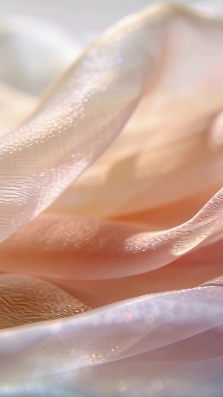 Video verticale: Tessuto trasparente color pesca-rosa che si muove in studio, reagendo ai telai e rivelando scintille.