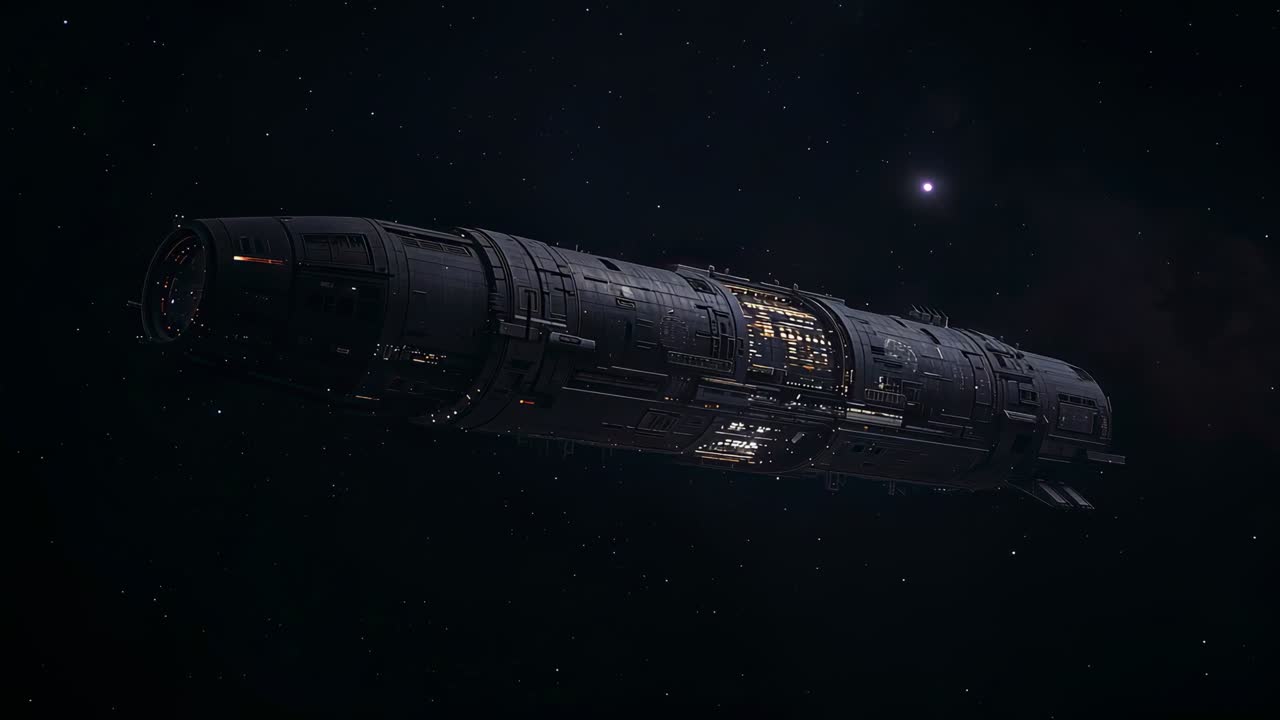 Gliding cylindrical ship with camera tracking, revealing lit midbay, command module in starfield