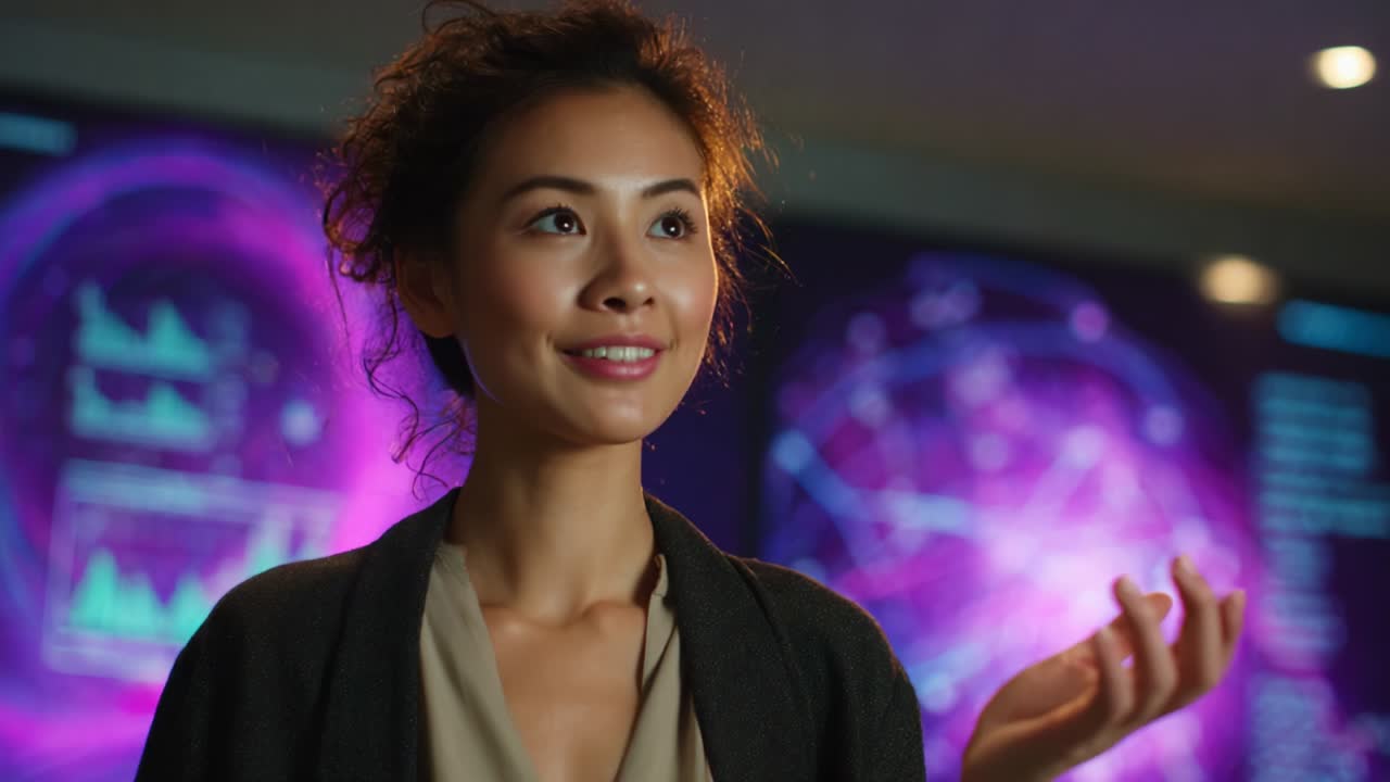 A confident woman presents advanced data analytics and captivating visuals in a modern tech environment, illustrating her expertise and engagement with innovative technology and insightful information