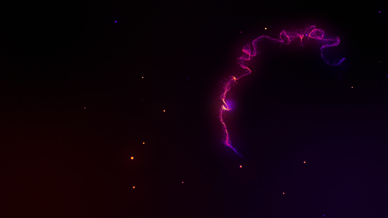 animación de un rastro de luz rosa que se mueve sobre un fondo negro con manchas brillantes y círculos azules