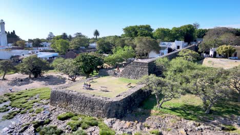 Aerial-view-of-old-city-fortifications,-Colonia-del-Sacramento,-Uruguay