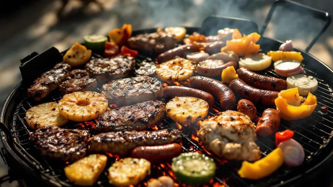 Grilling sausages, juicy meats, vibrant pineapple slices, and fresh vegetables on a barbecue grill, creating a delicious outdoor feast