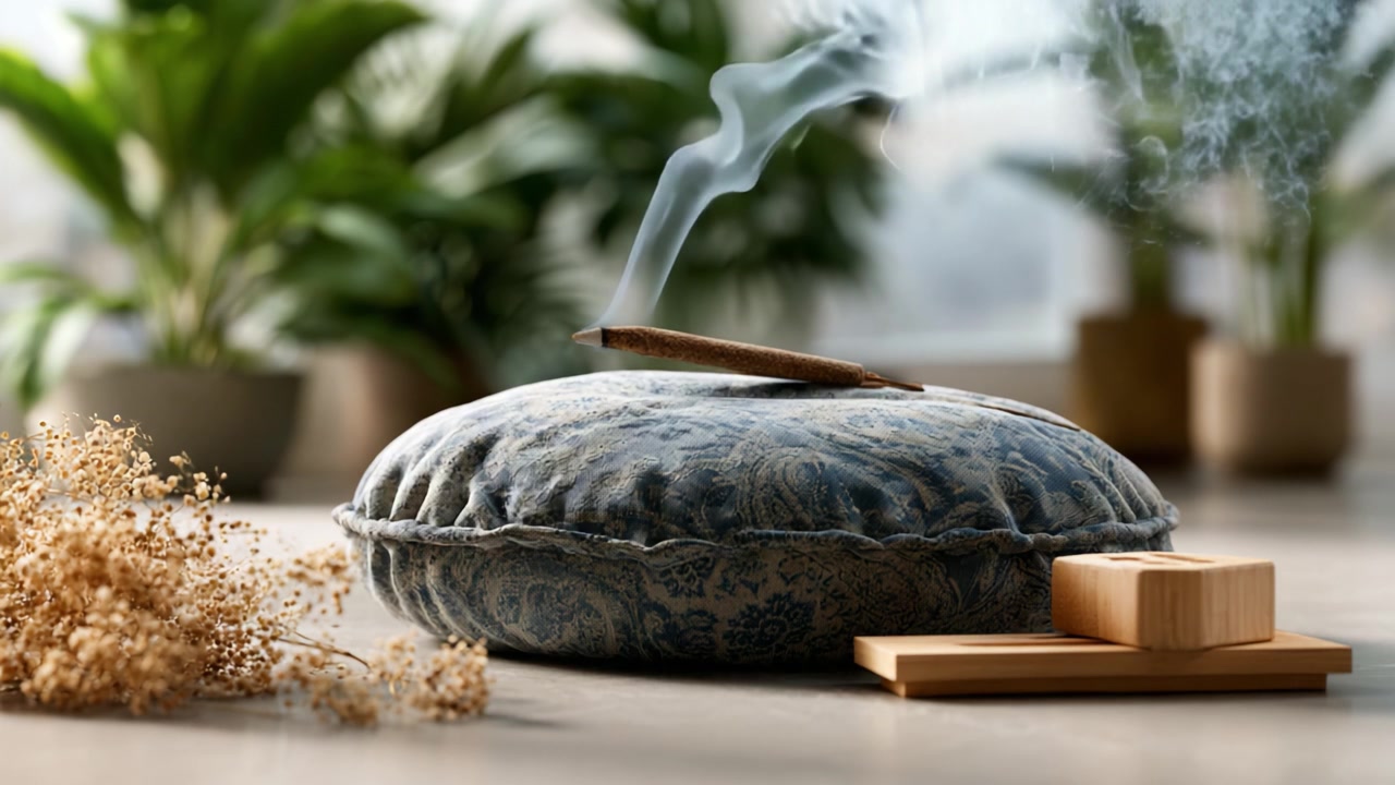 Un Sereno Rituale dell'Incenso: Fumo Incantevole che Danza Sopra un Cuscino Decorativo Circondato da Elegante Vegetazione e Accenti Naturali