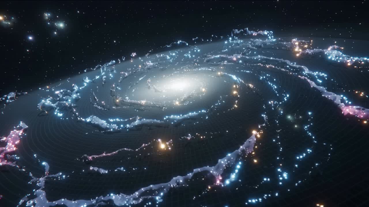 Progressing frames shifting viewpoint, revealing spiral arms and central bulge in space above grid