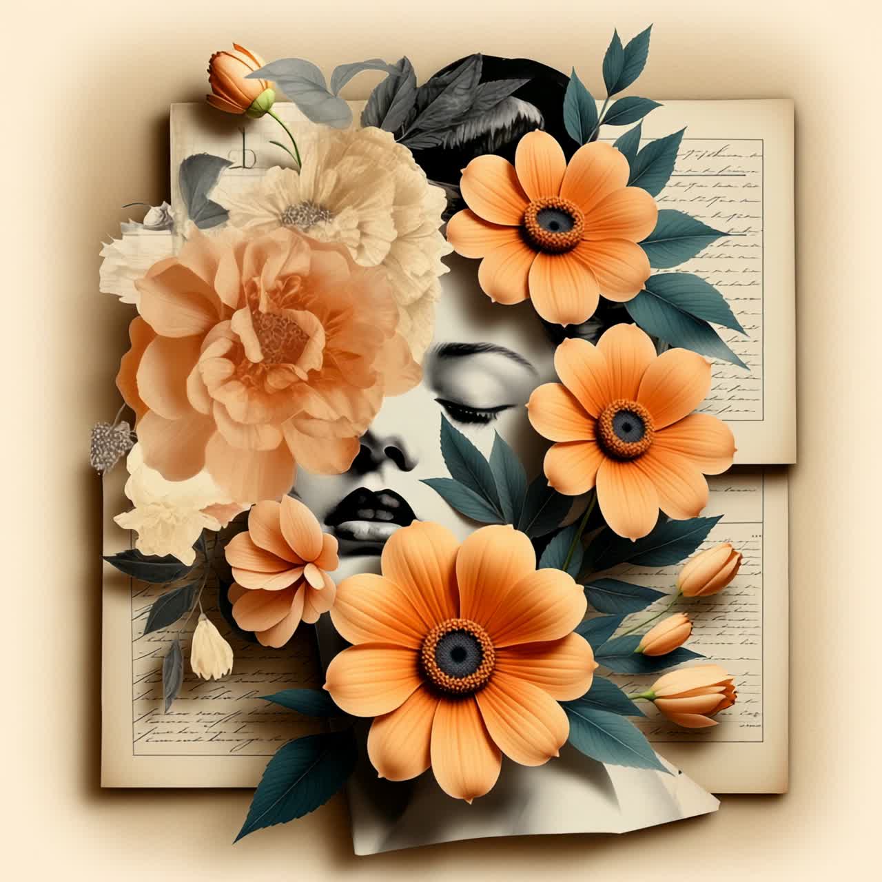 Vintage collage art of a woman's face with flowers, viewed from a front angle