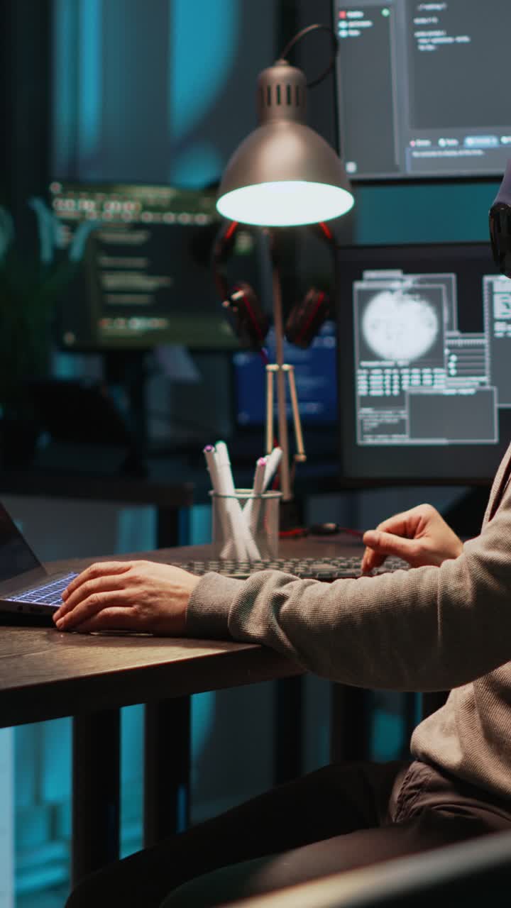 Vertical video: Software engineer typing programming code on laptop with multiple monitors