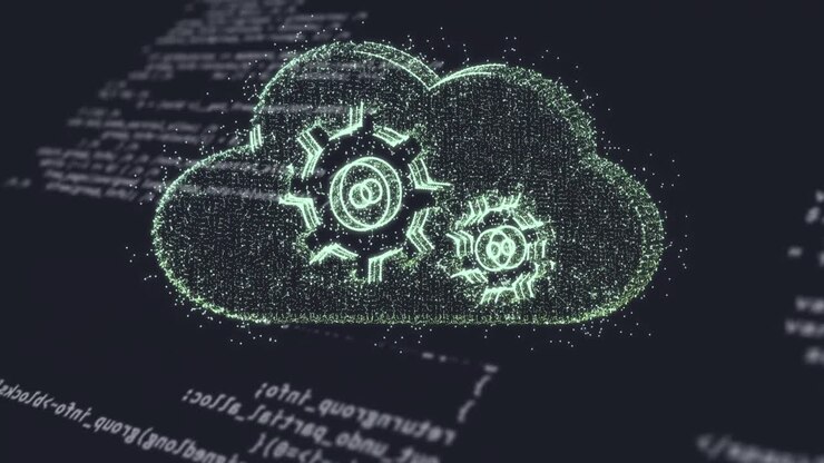 Animation of cloud with cogs over data processing on black background
