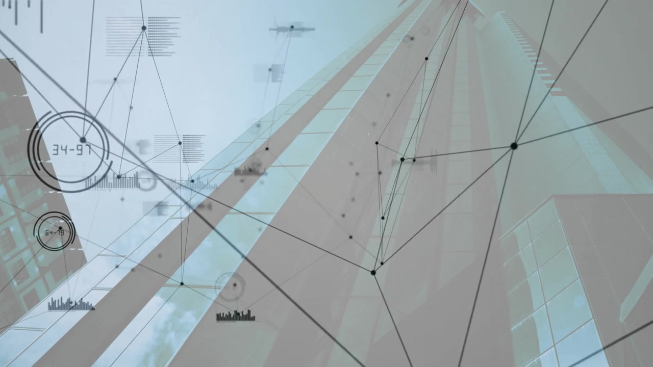 Glass skyscraper view showing translucent nodes fading, linking, updating and merging data mesh