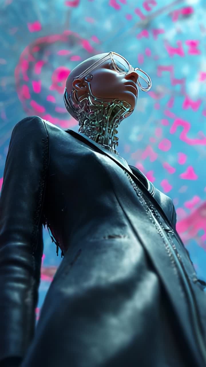 Figura cibernetica futuristica con un audace abito nero su uno sfondo vivido blu e rosa, che cattura una miscela unica di tecnologia e stile