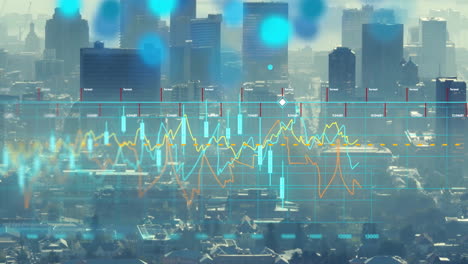 analyzing financial data, animation over cityscape with skyscrapers and residential buildings