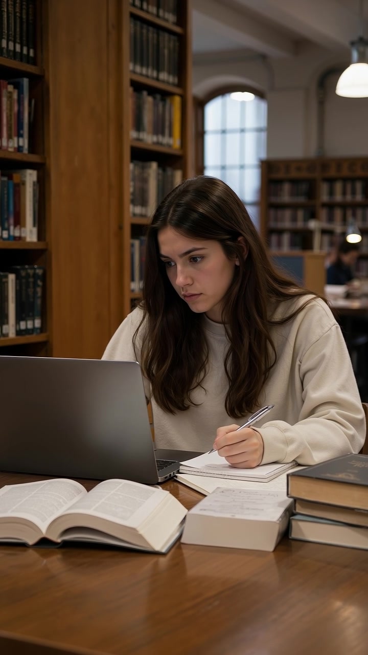 Ung kvinnelig student studerer med bøker og en bærbar datamaskin i et stille universitetsbibliotek.