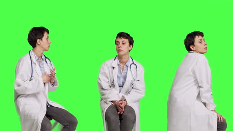 General-practitioner-acting-impatient-sitting-on-a-chair-against-greenscreen