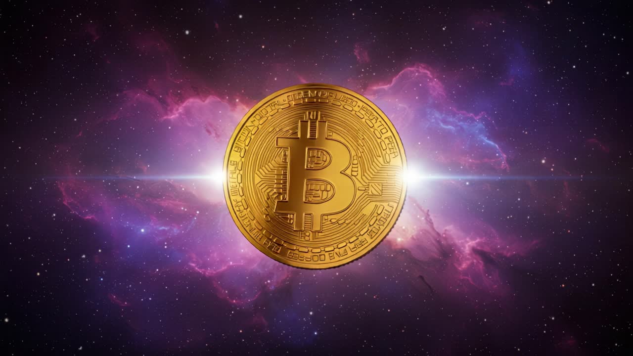 The Golden Bitcoin: A Celestial Journey Through the Cosmos, Showcasing the Symbol of Digital Currency Amidst a Stunning Interstellar Background