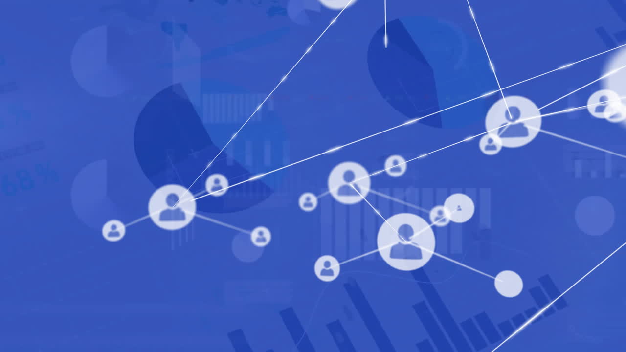 Animazione di una rete di connessioni con icone di persone su elaborazione di dati finanziari
