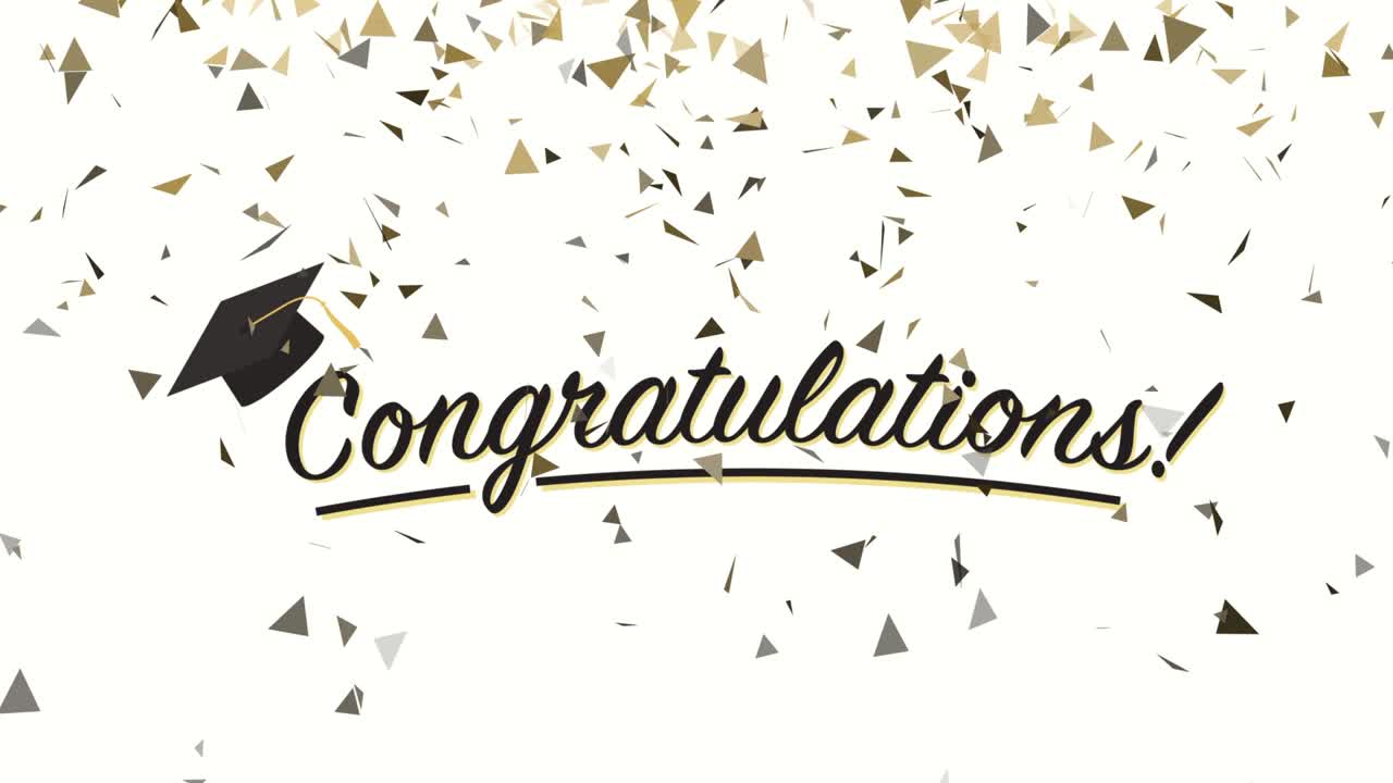 Congratulations! type graduation banner with black graduation cap and falling confetti looping animation video