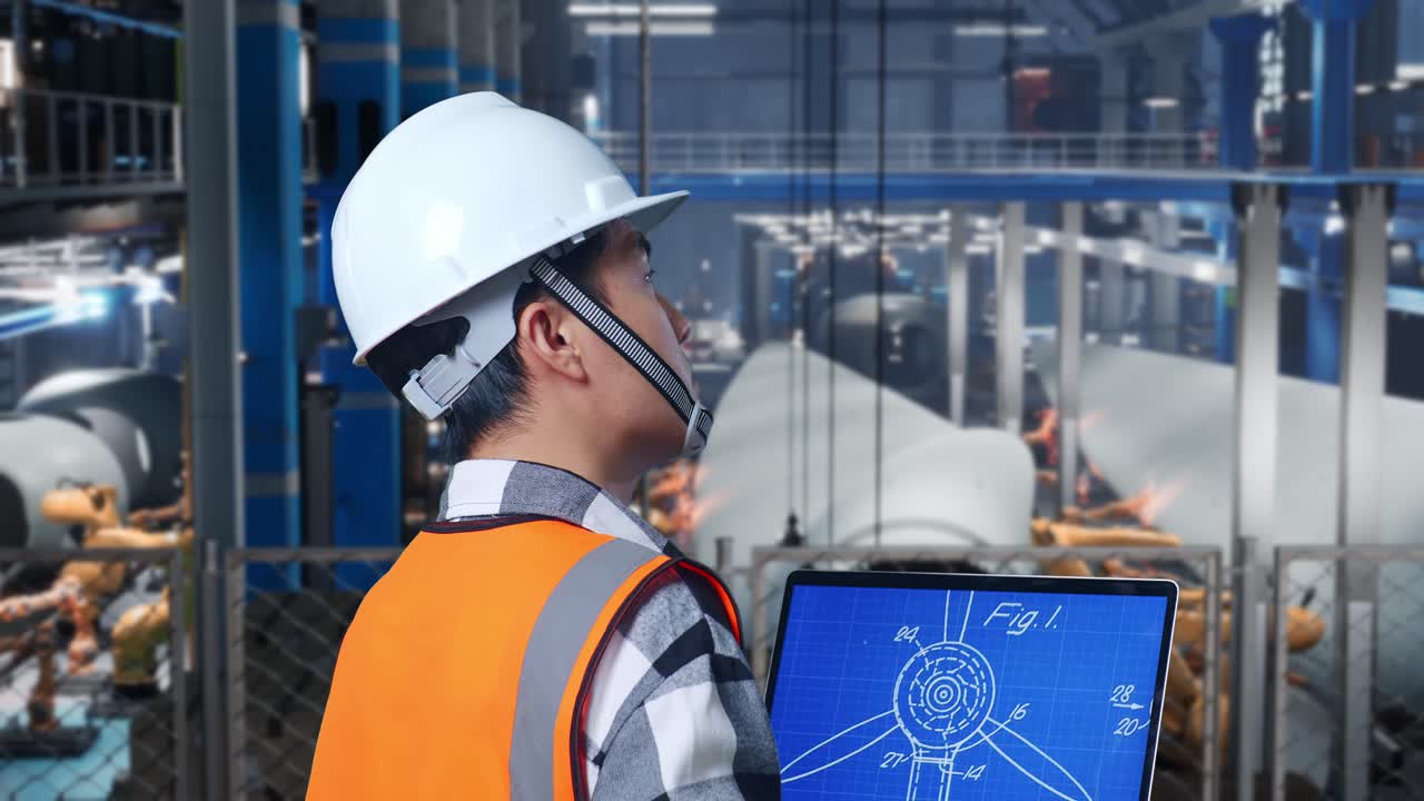 ingegnere che esamina la progettazione di turbine eoliche in fabbrica