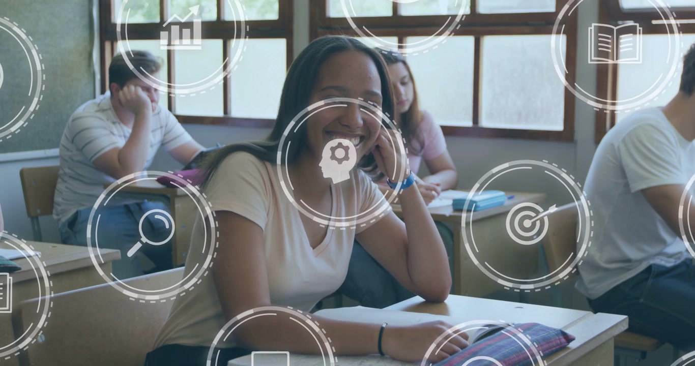 Vertical video: Teen pupil in school smiling moving while icons appearing passing face for learning
