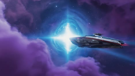 spaceship traveling through a nebula