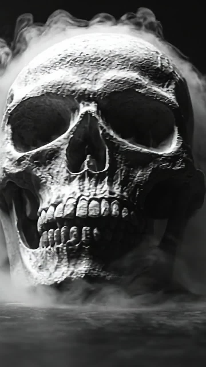 Eerie skull surrounded by swirling fog. A haunting skull rises from a dense mist, creating an unsettling atmosphere in a dark environment.