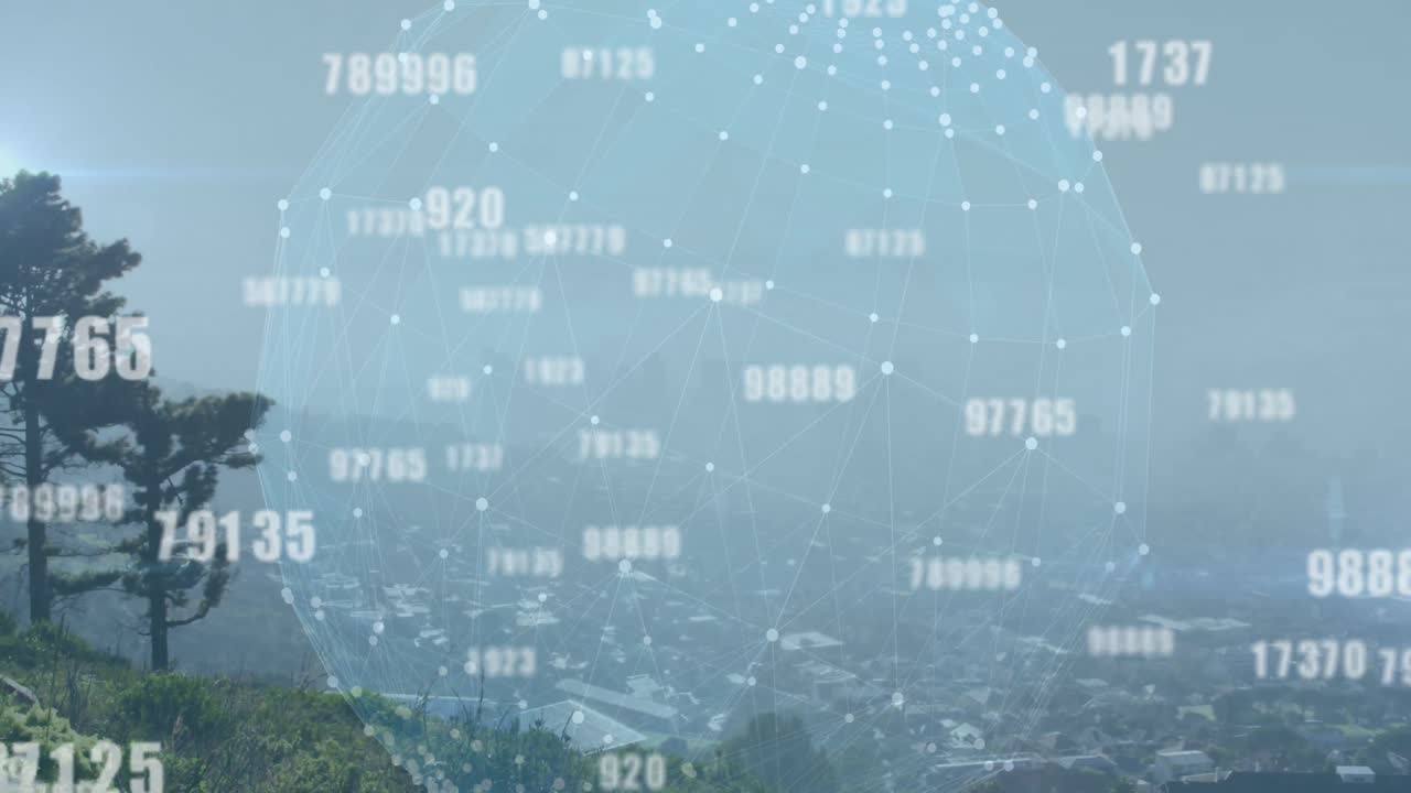 데이터 처리 및 도시 풍경에 대한 연결의 글로브의 애니메이션