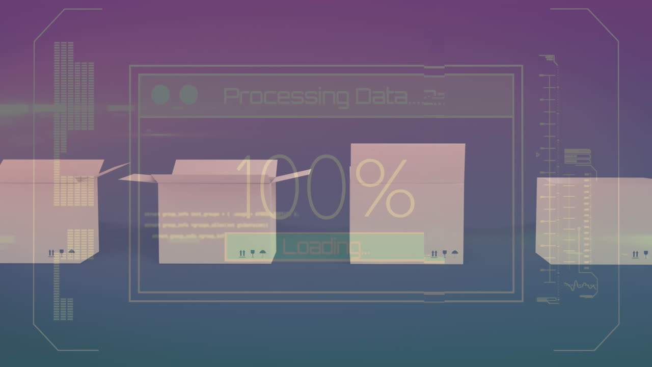 animación del procesamiento de datos sobre cajas de cartón en cinta transportadora