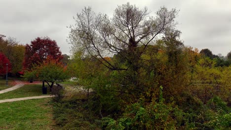 An-aerial-view-over-a-peaceful-pond-on-Long-Island,-New-York,-on-a-cloudy-day-in-autumn