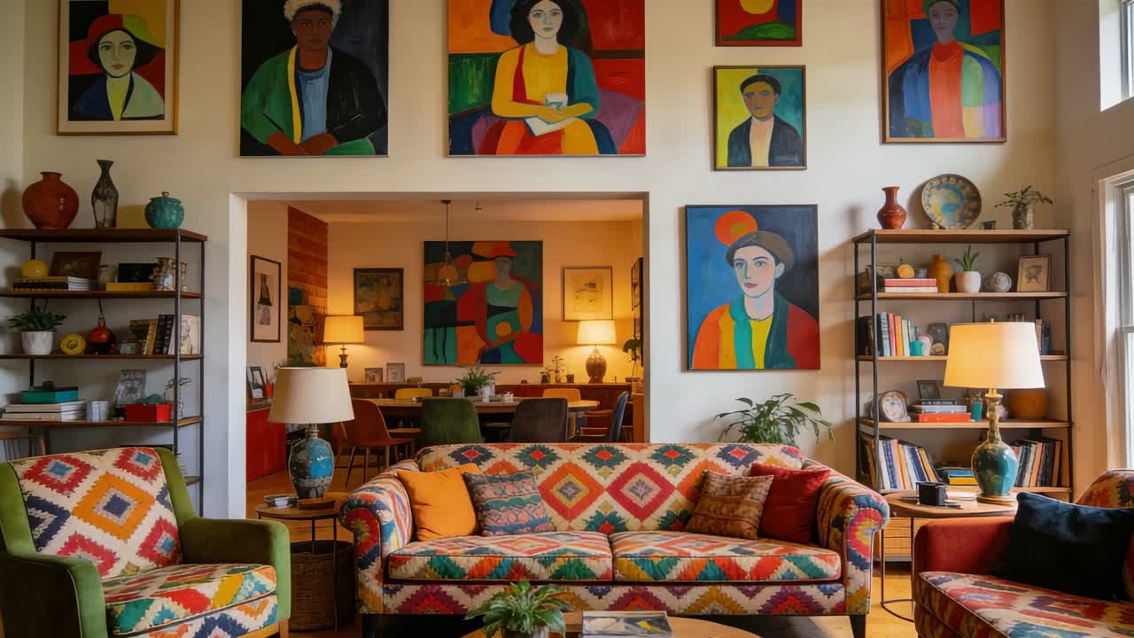 Langzaam bewegende camera zoomt in op een driezits geometrische bank in de woonkamer, terwijl wandkunst wordt getoond.