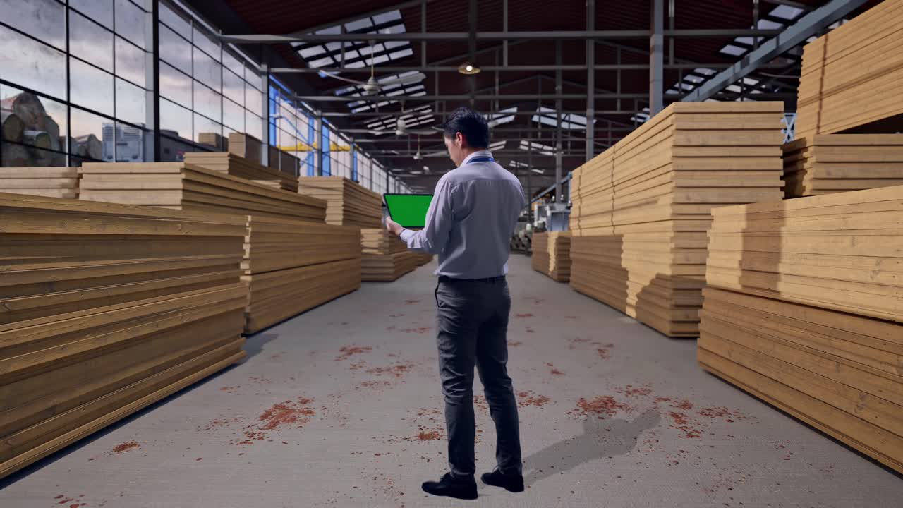 Inquadratura completa da dietro di un lavoratore professionista asiatico in piedi con tablet con green screen, lavoratore che ispeziona un magazzino di legname, impianto industriale