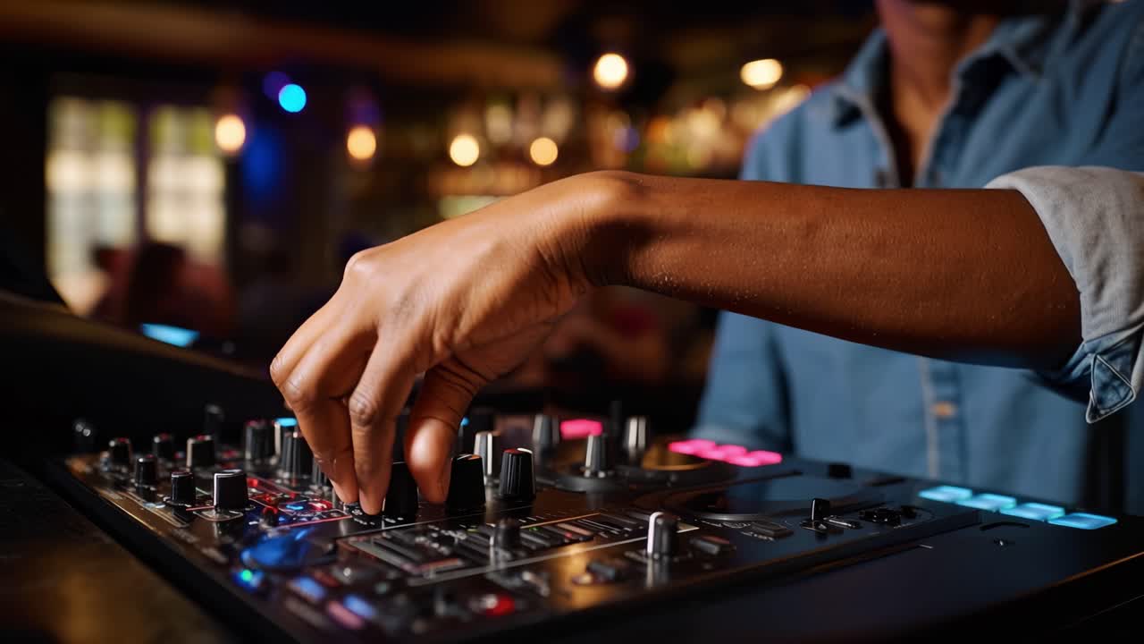 Un DJ mixa musica con le mani concentrate. Una folla sfocata osserva sotto luci brillanti. Toni freddi brillano dal controller. L'energia della pista da ballo aumenta ad ogni battito. Perfetto per la vita notturna, la musica