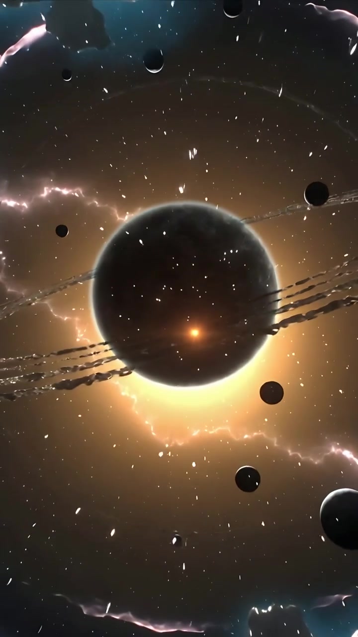 Vertical video: Rotating dark planet shifting into eclipse in deep space, as glowing star pulsing