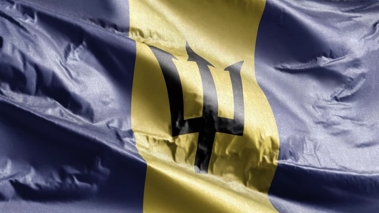 la bandera textil de barbados ondeando en el bucle del viento. la bandera de barbados balanceándose en la brisa. el tejido textil de la tela. el fondo de relleno completo. bucle de 10 segundos.