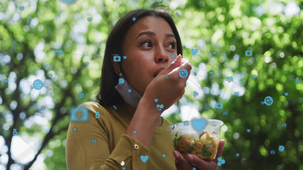 러드를 먹는 아프리카계 미국인 여성에 대한 아이콘과 연결된 네트워크의 애니메이션