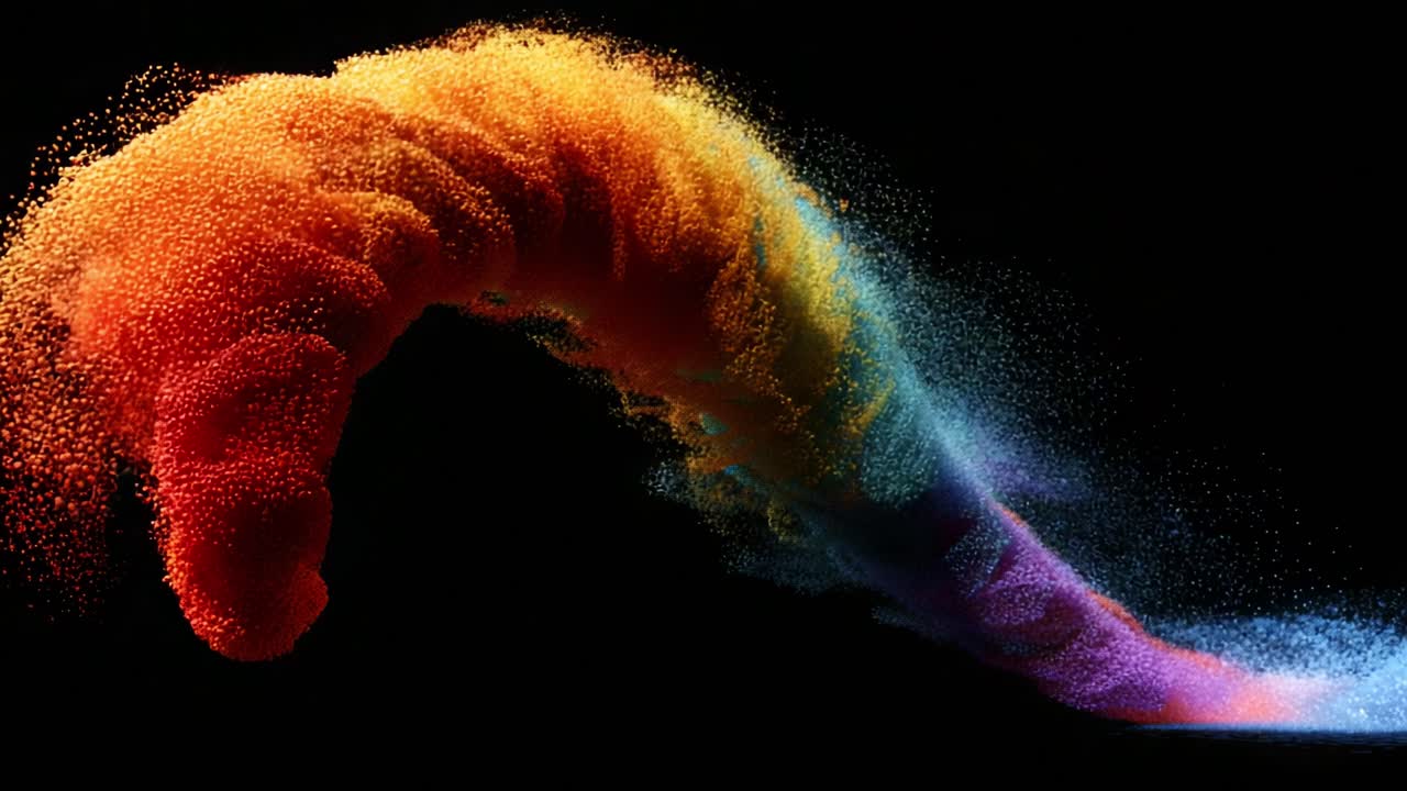 A stunning visual display of colorful particles swirling through the air, showcasing a dynamic blend of vibrant hues and intricate motion that captivates the viewer's attention