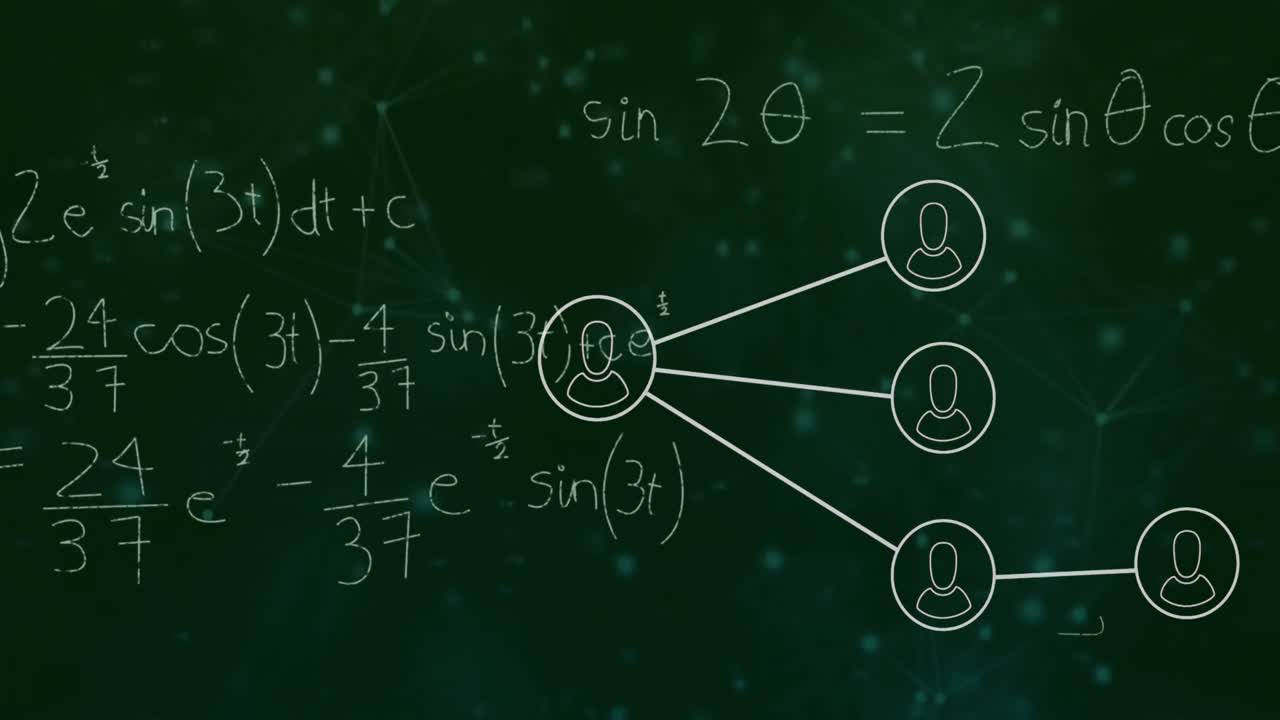 animación de ecuaciones matemáticas a través de una red de conexiones con iconos en fondo verde.